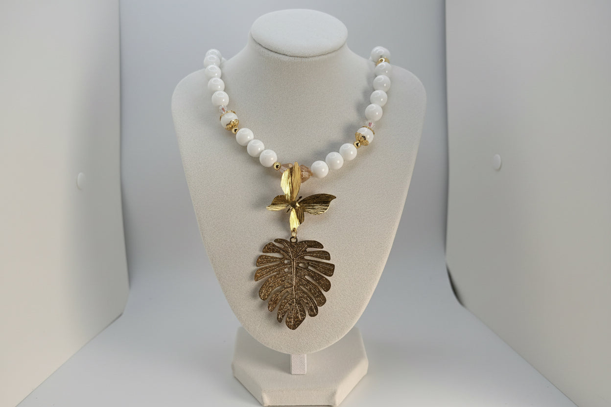 Statement Butterfly & Leaf Necklace – Handmade 24K Gold Plated Bronze Pendant
