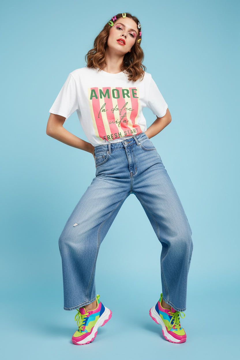 Amore Graphic T-Shirt – Oversized White Tee “La Dolce Vita” Summer Top for Women