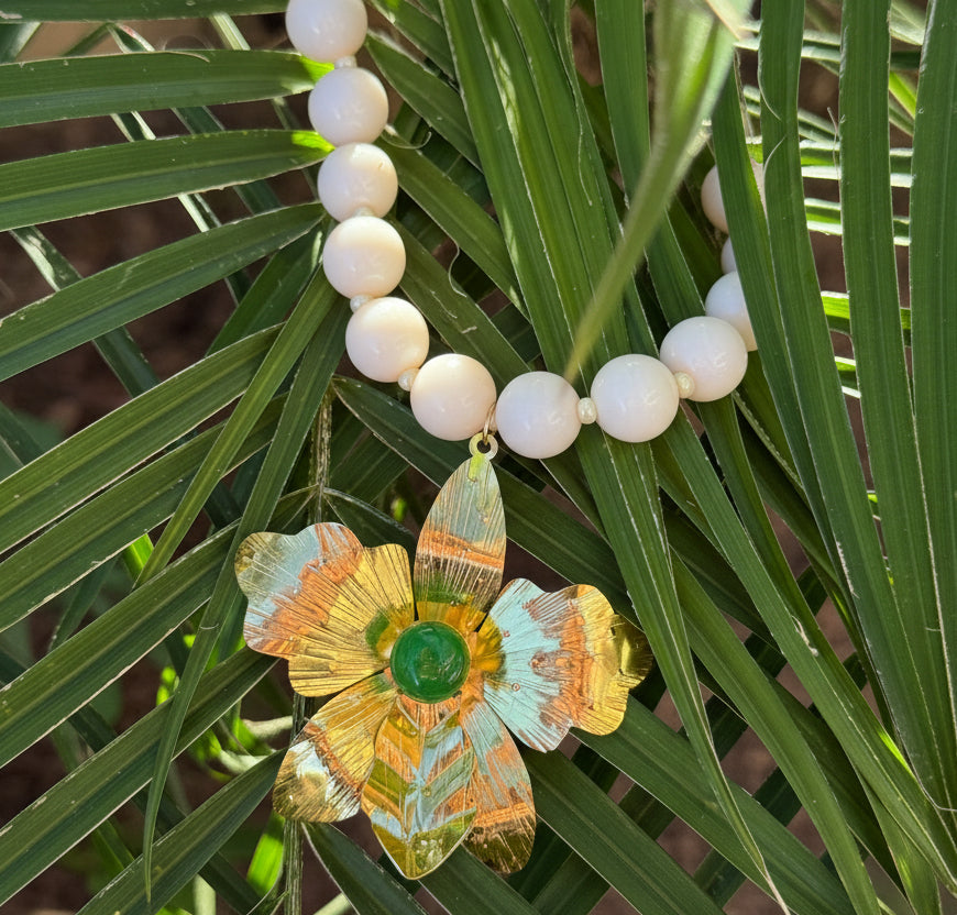 White Beaded Necklace with Handcrafted Gold Flower Pendant – Artisan Statement Jewelry