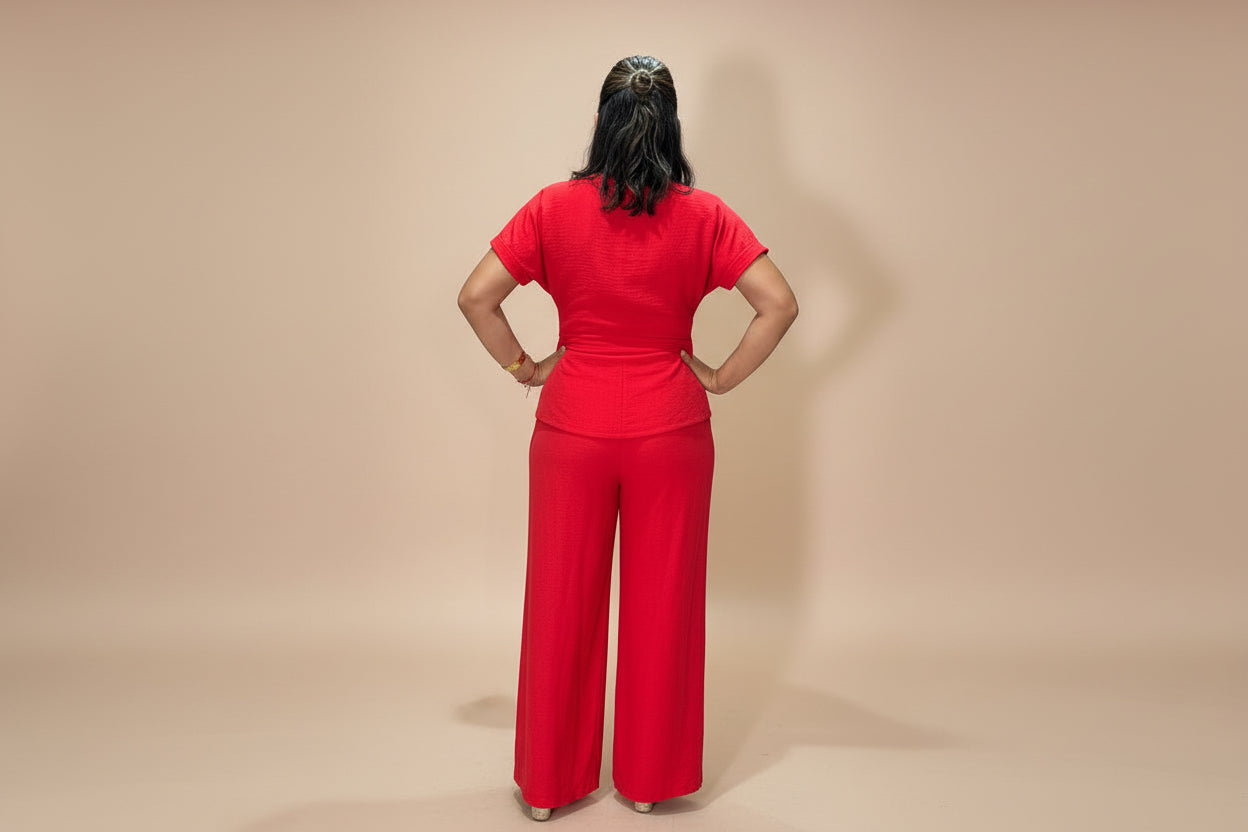 Red Matching Set for Women – Elegant Wrap Top & Wide-Leg Pants Set