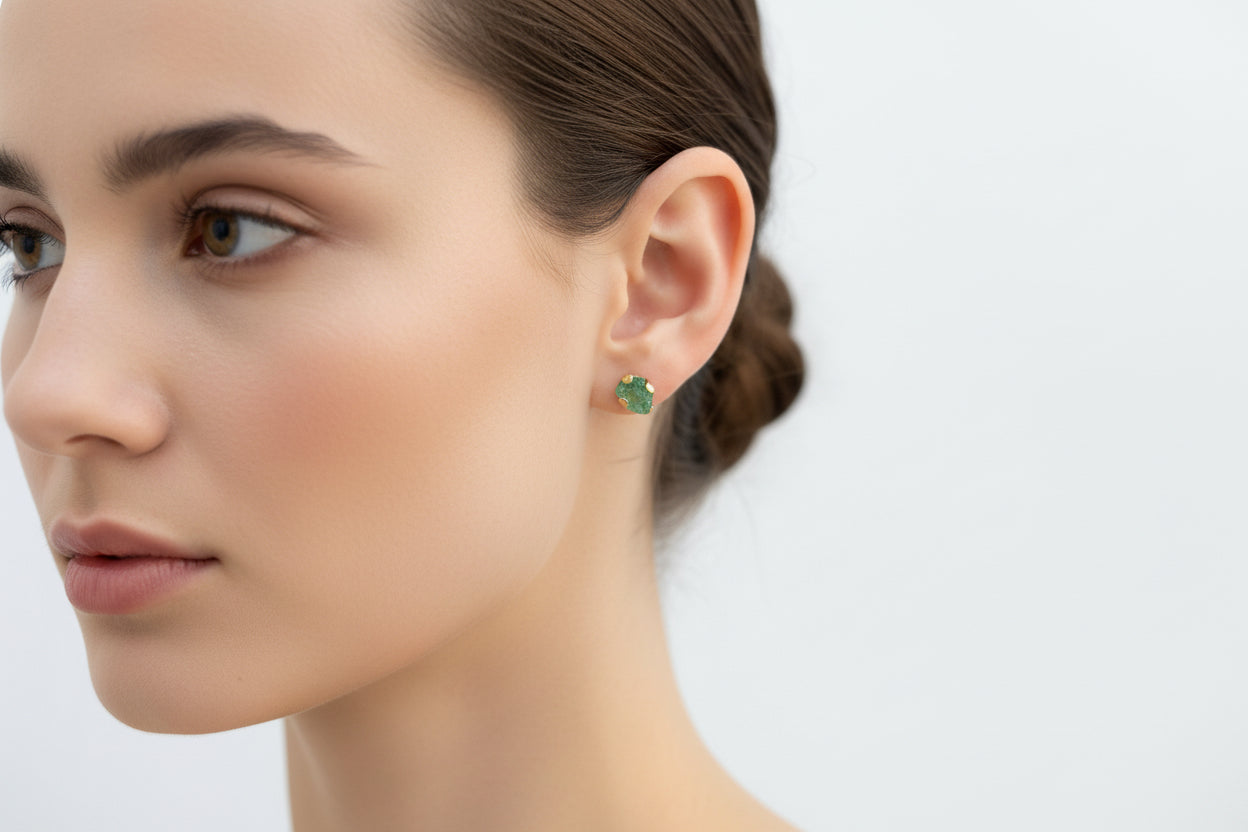 Raw Emerald Stud Earrings – Natural Emerald 24 K Gold Plated Minimalist Jewelry