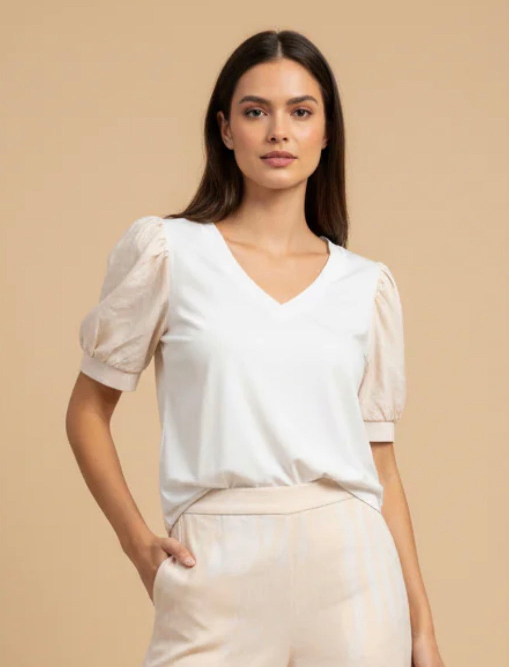 Cream V-Neck Top with Puff Sleeves – Elegant Everyday Essential