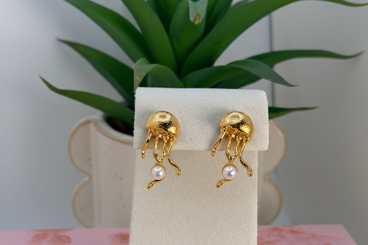 Jellyfish Pearl Earrings – 24K Gold Plated Bronze Handmade