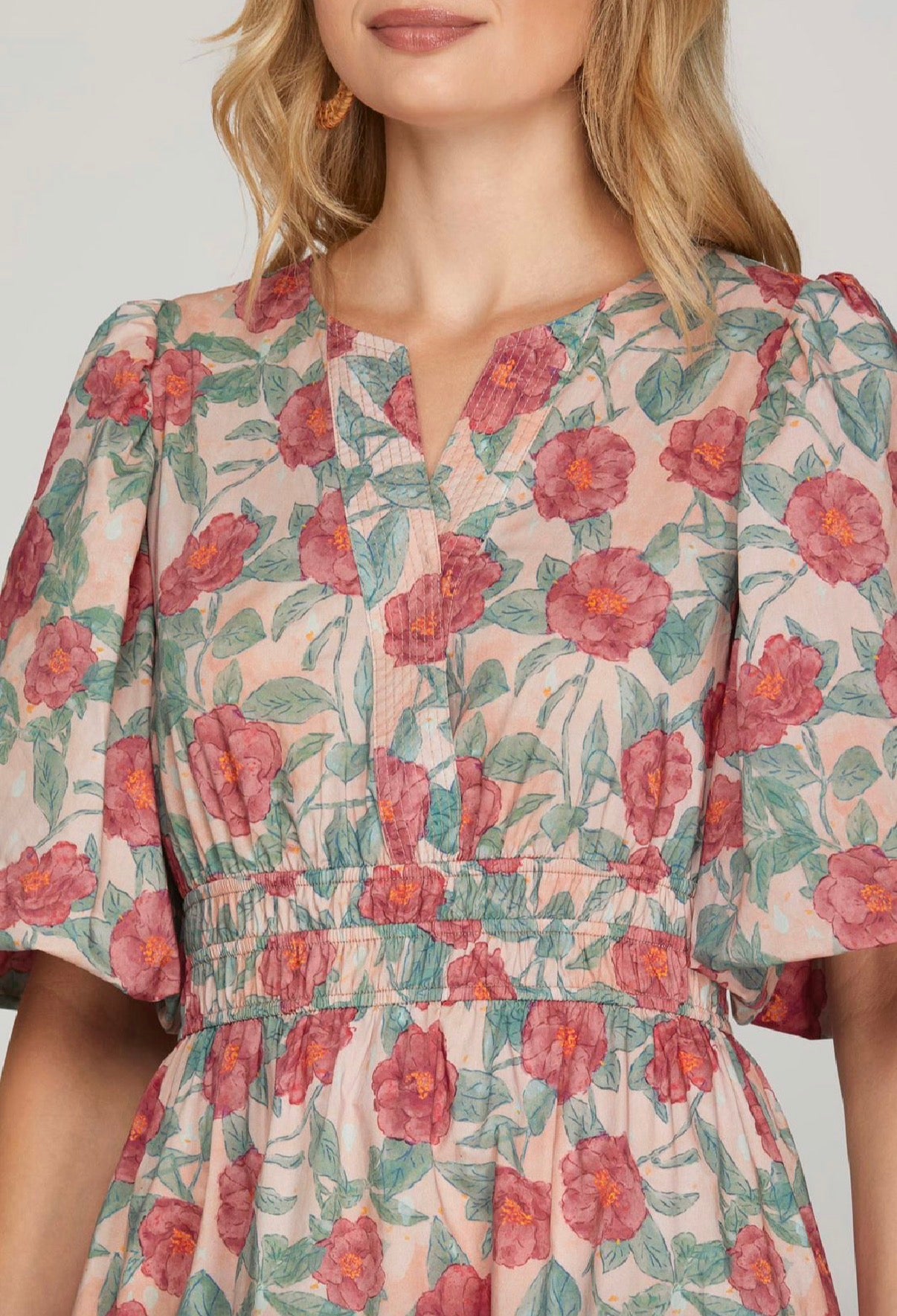 Romantic Floral Midi Dress with Puff Sleeves and Pockets – Feminine Spring Dress