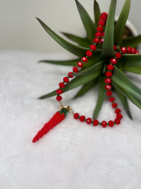 Murano Glass Beaded Necklace with Handmade Chili Pepper Pendant – Artisan Statement Necklace