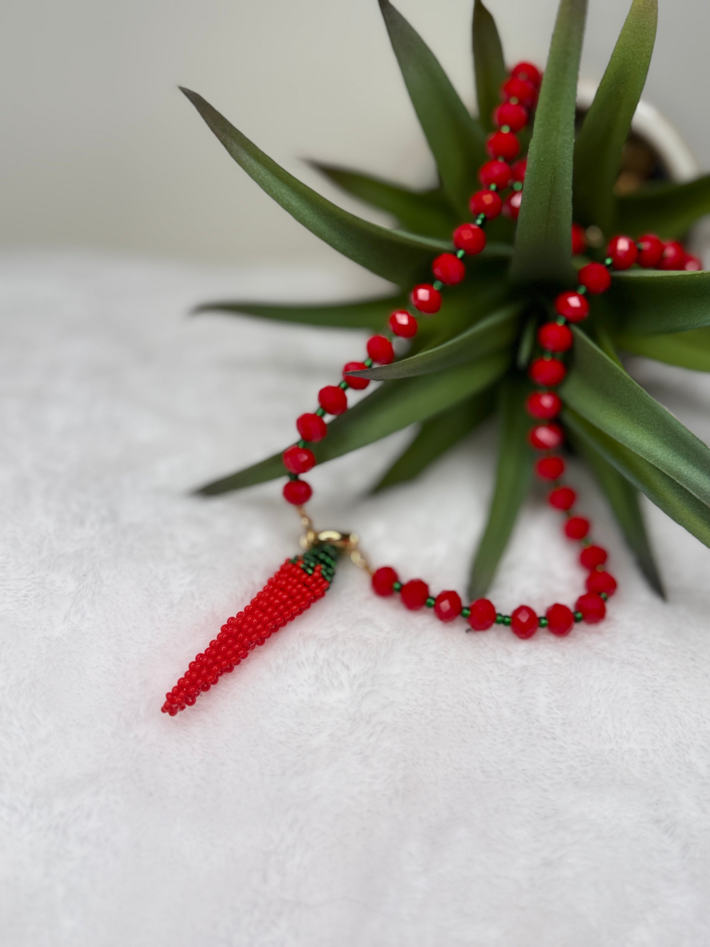 Murano Glass Beaded Necklace with Handmade Chili Pepper Pendant – Artisan Statement Necklace