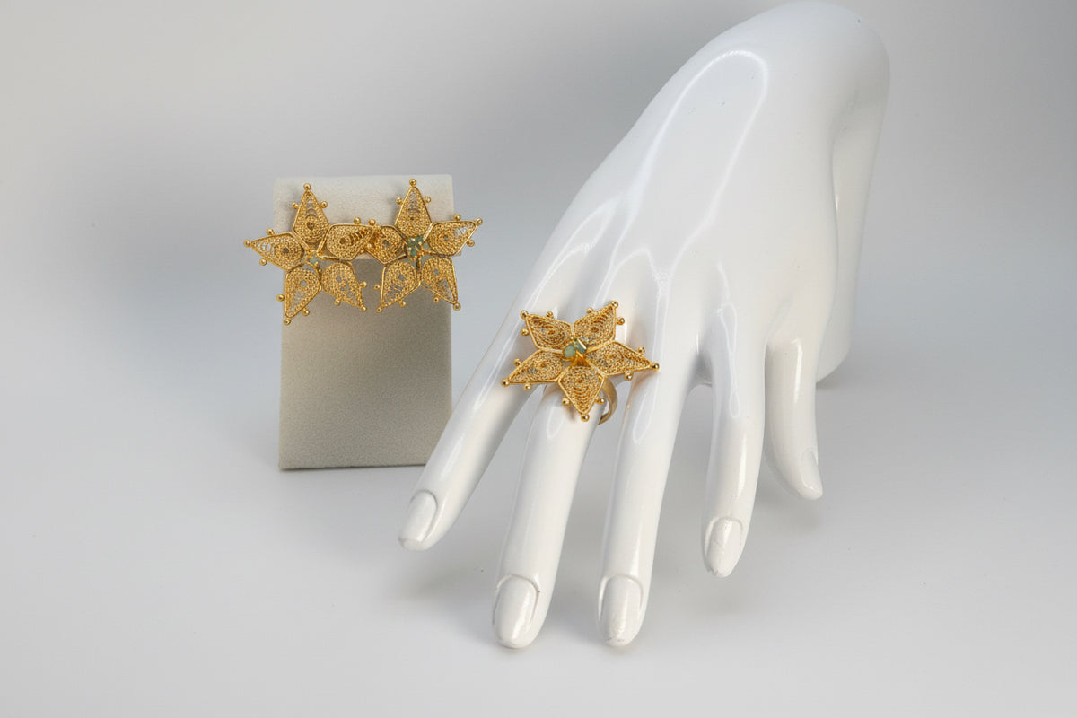Handmade Filigree Flower Ring & Earrings Set with Raw Emerald – 24K Gold Plated Bronze