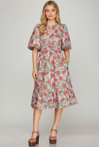 Romantic Floral Midi Dress with Puff Sleeves and Pockets – Feminine Spring Dress