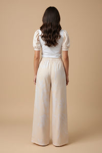 Elegant Linen Wide Leg Pants Set – Puff Sleeve Top & High Waist Pants