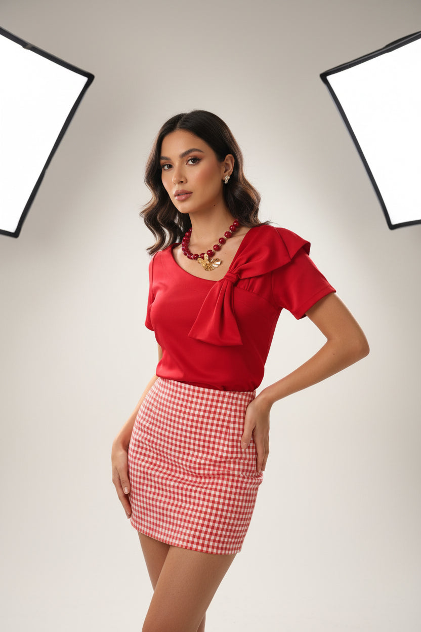 Red One‑Shoulder Bow Top