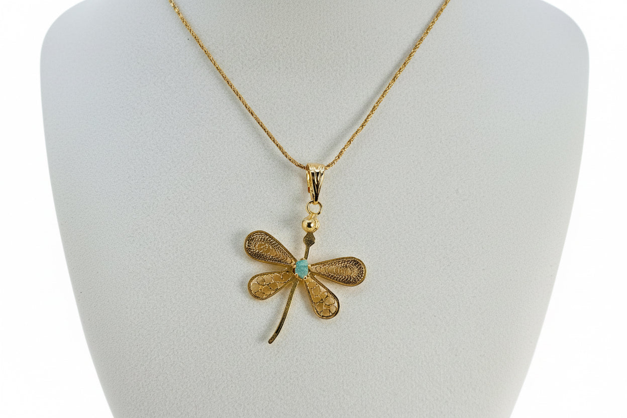 Gold Dragonfly Jewelry Set with Raw Emerald (Murralla) or Raw Diamond – Handmade Filigree Set