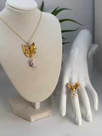 Butterfly Pearl Jewelry Set – 24K Gold Plated Bronze Necklace & Adjustable Ring