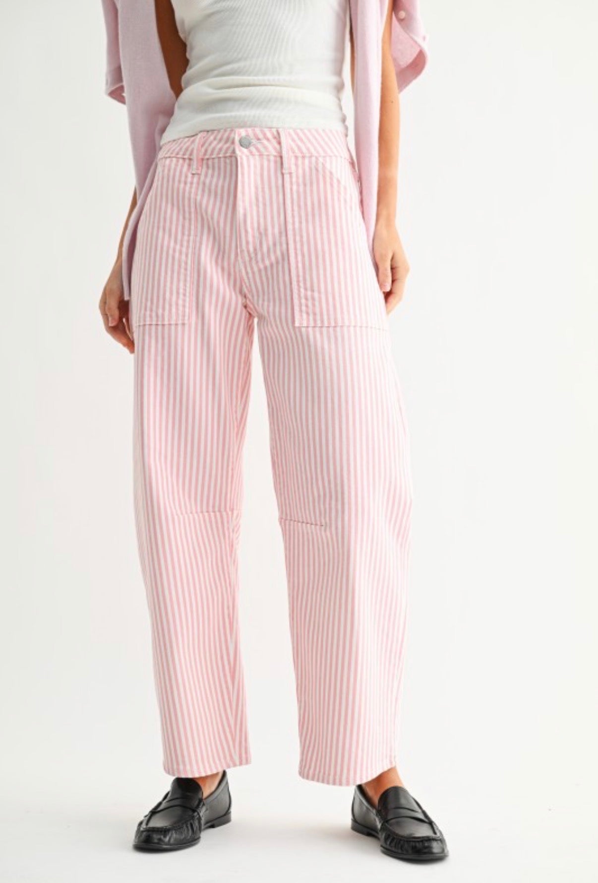 Pink Striped High Waist Pants – Chic Straight Leg Summer Trousers for Women-Made in USA