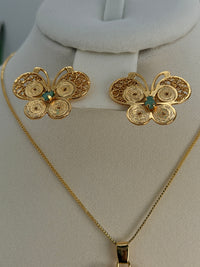 Handmade Filigree Flower Jewelry Set with Raw Emerald (Murralla) – 24K Gold Plated Bronze