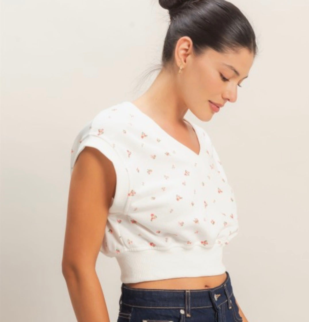 Floral Cropped Blouse for Women – V-Neck Elastic Waist Top