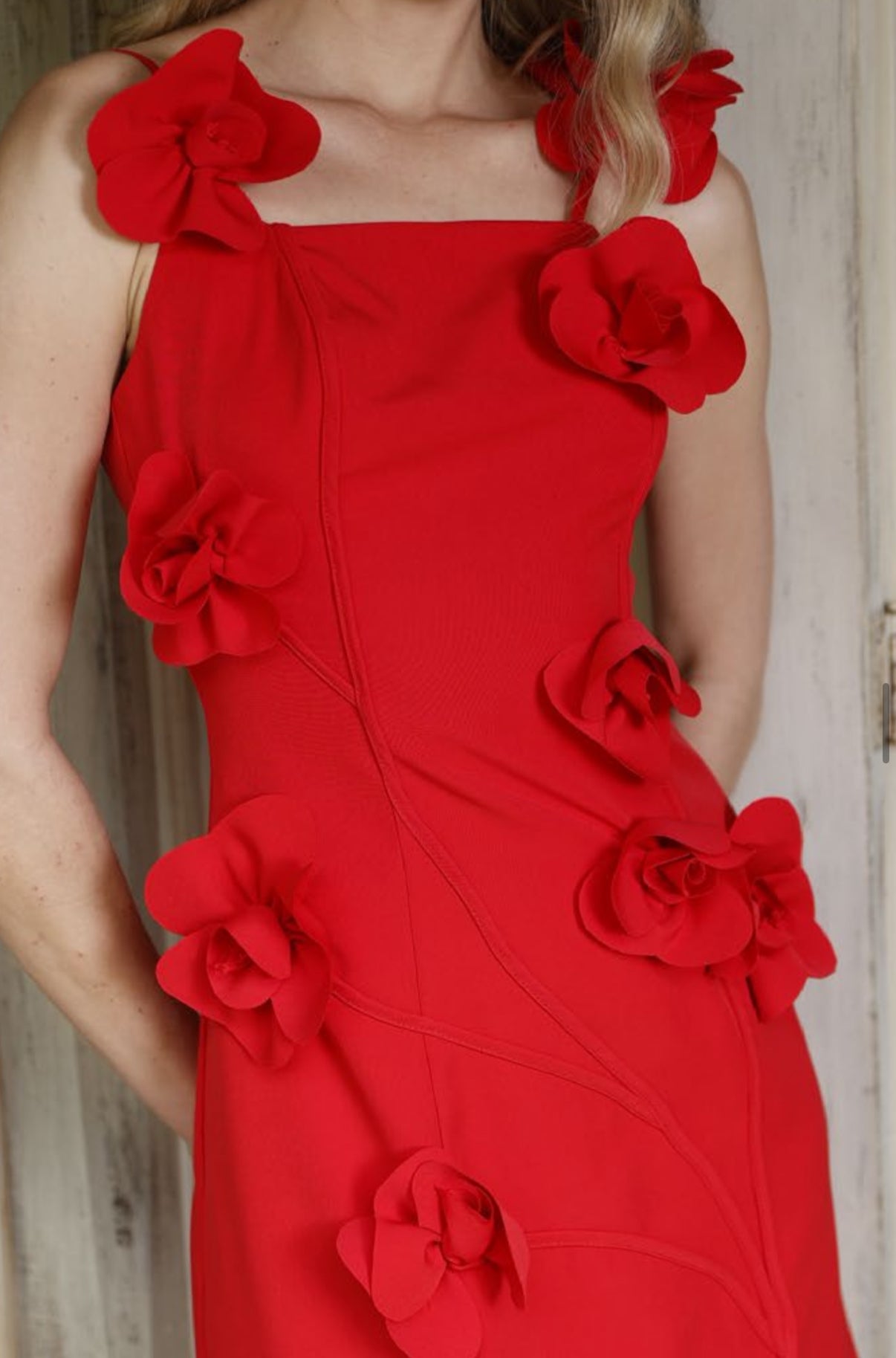 Red Floral Appliqué Mini Dress – Elegant Structured Dress with Handmade Flower Details