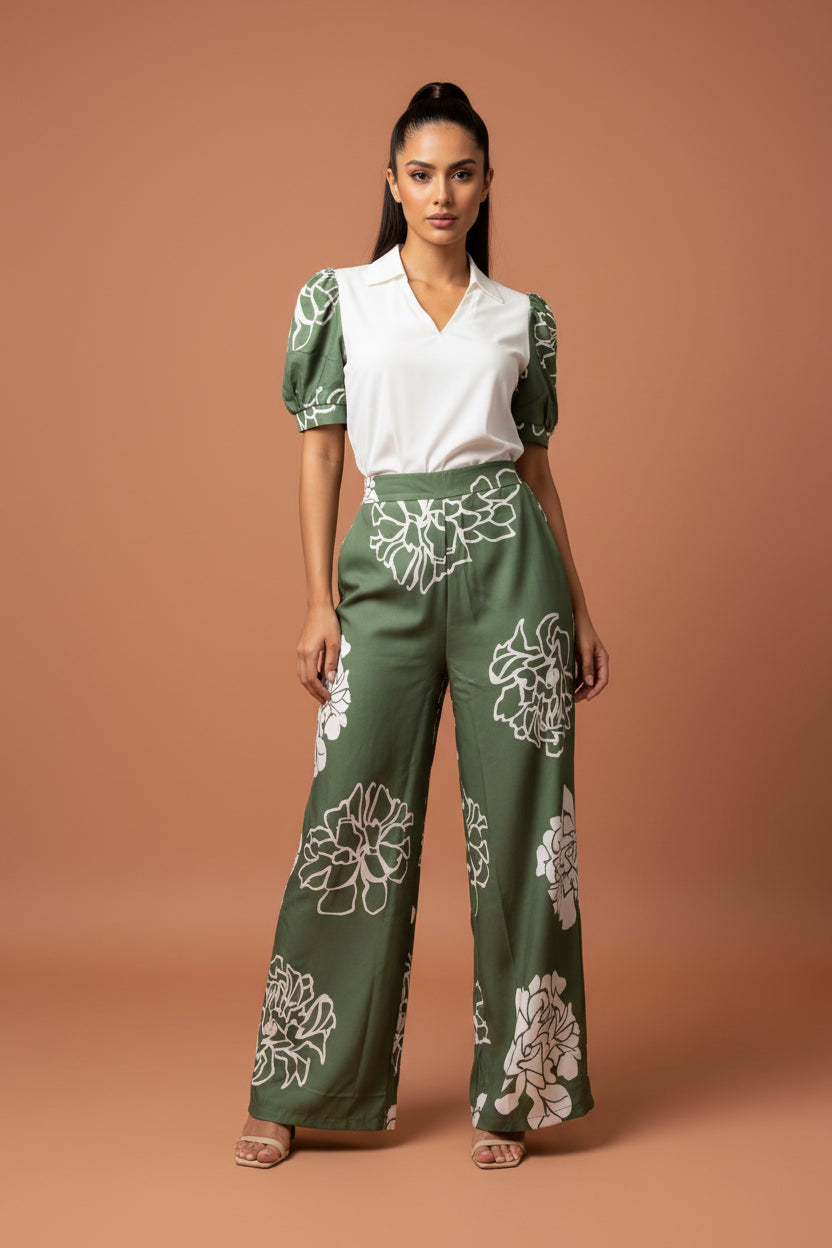 Green Floral Palazzo Set – Wide Leg Pants & Top