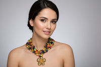 Colorful Beaded Statement Necklace with Floral Pendant – 24K Gold Plated Bronze
