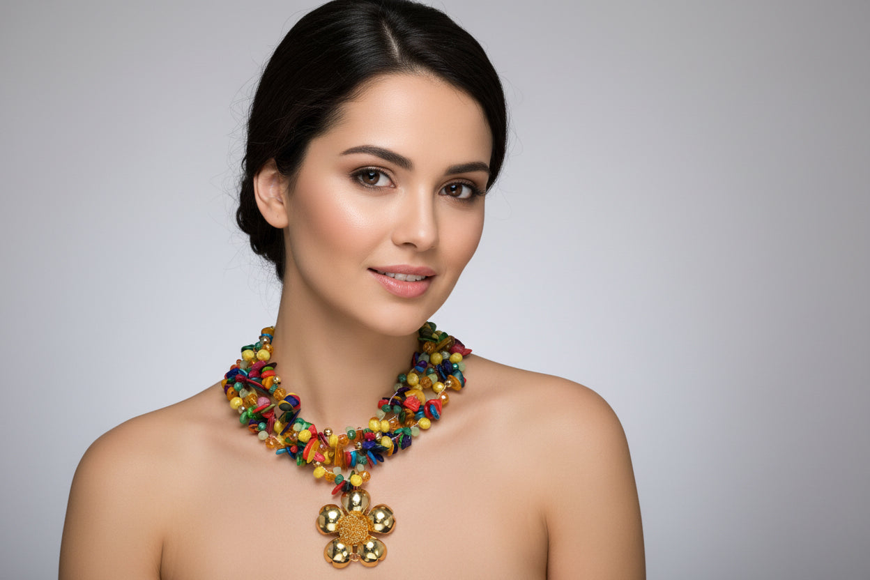 Colorful Beaded Statement Necklace with Floral Pendant – 24K Gold Plated Bronze