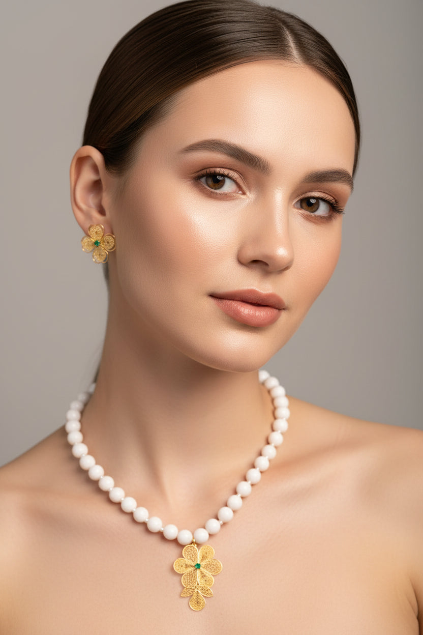 White Beaded Necklace with Handcrafted Filigree Flower Pendant – Artisan Jewelry