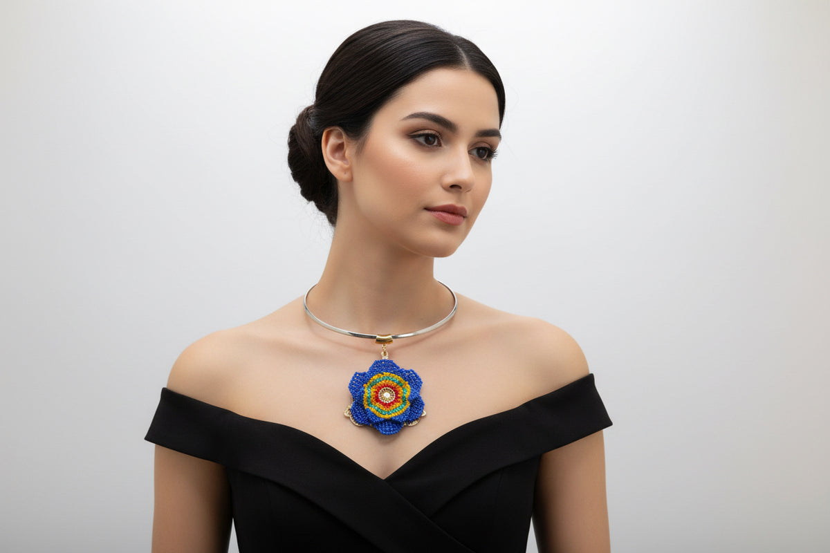 Handmade Beaded Statement Necklace – Colorful Floral Pendant, Bold Unique Jewelry