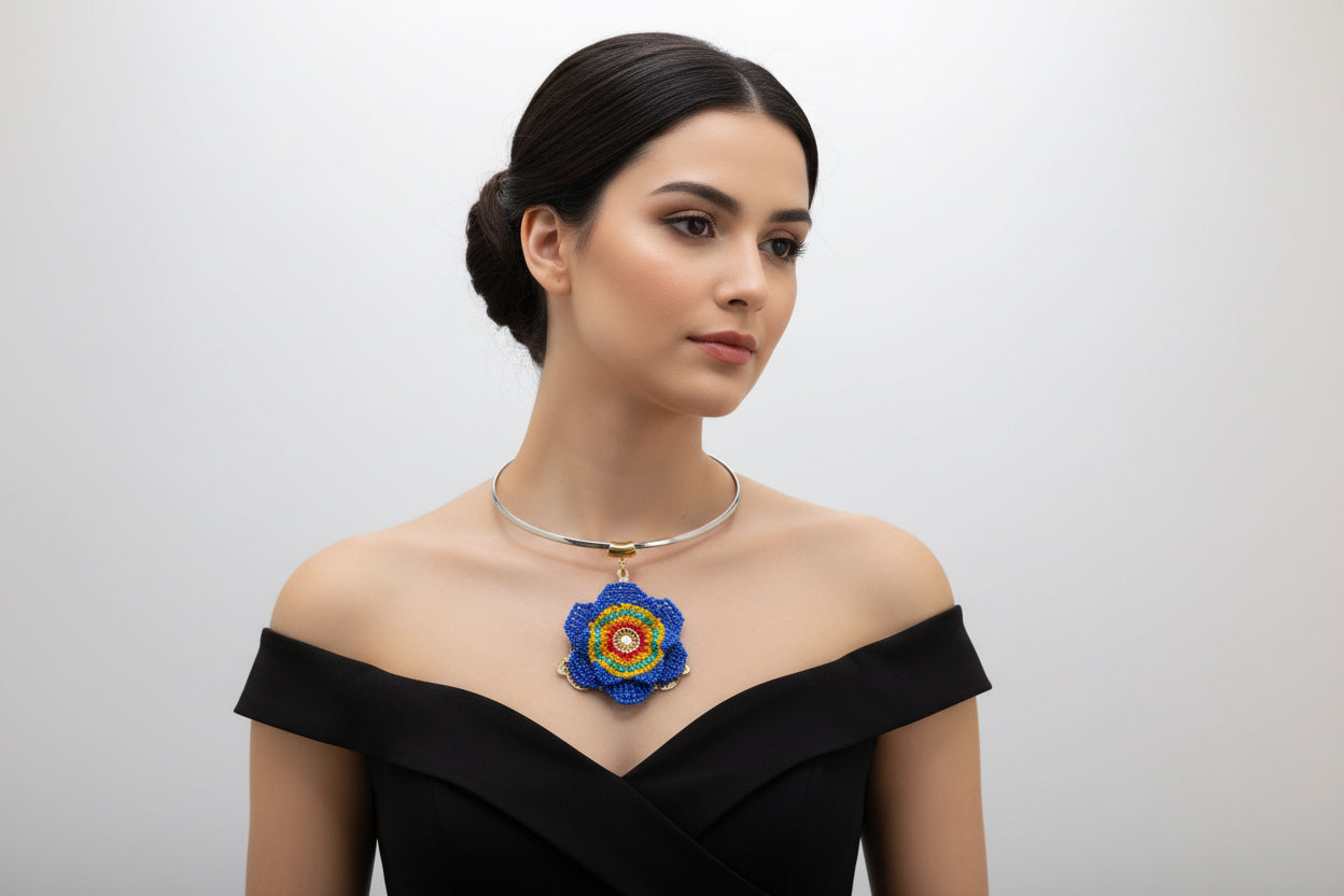 Handmade Beaded Statement Necklace – Colorful Floral Pendant, Bold Unique Jewelry