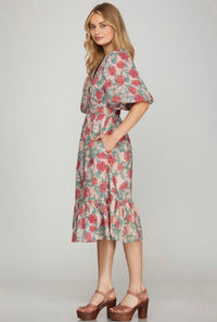 Romantic Floral Midi Dress with Puff Sleeves and Pockets – Feminine Spring Dress
