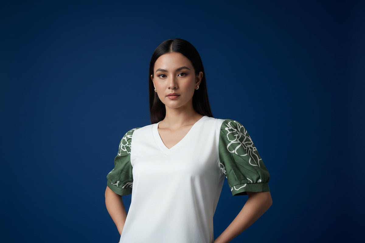 White V-Neck Top with Printed Sleeves – Casual Chic Essential
