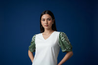 White V-Neck Top with Printed Sleeves – Casual Chic Essential