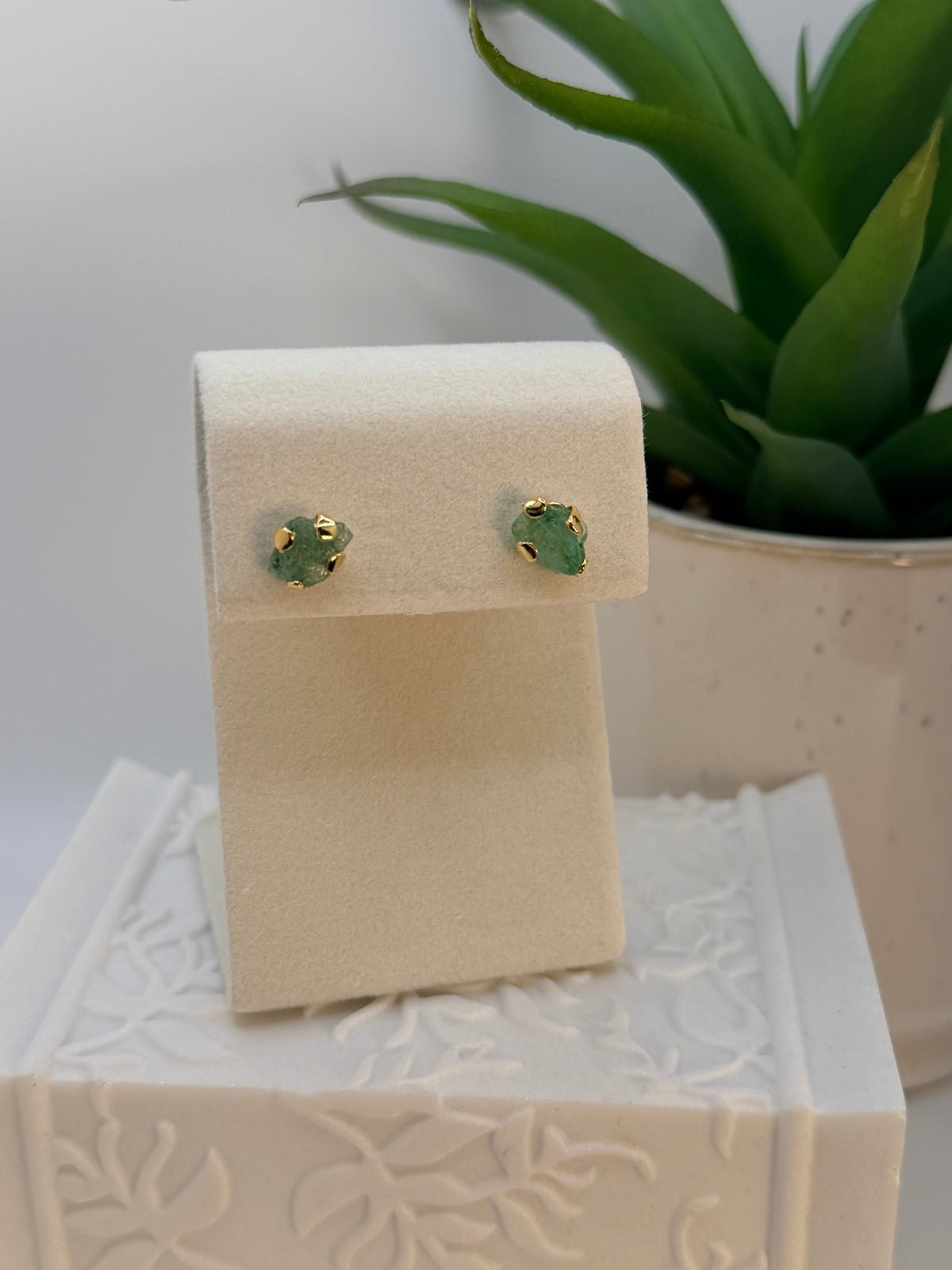 Raw Emerald Stud Earrings – Natural Emerald 24 K Gold Plated Minimalist Jewelry