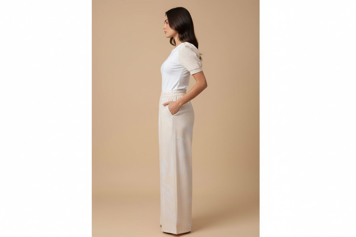 Elegant Linen Wide Leg Pants Set – Puff Sleeve Top & High Waist Pants
