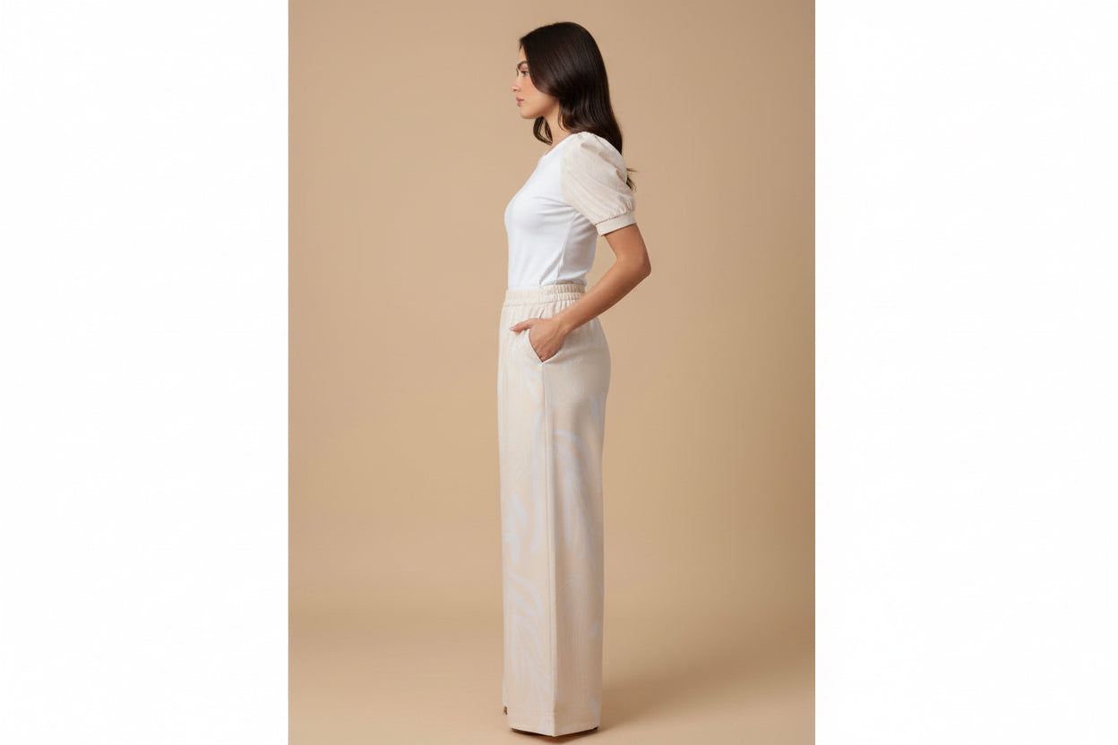 Elegant Linen Wide Leg Pants Set – Puff Sleeve Top & High Waist Pants