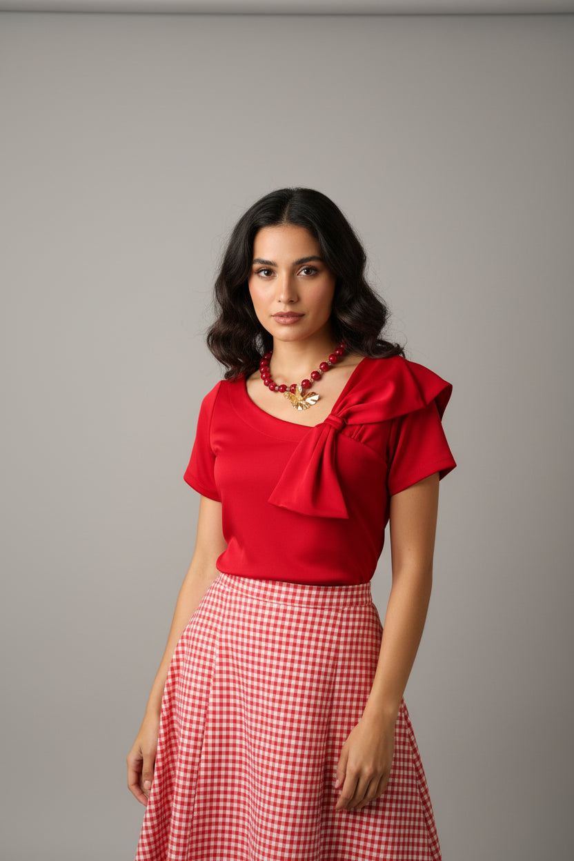 Red One‑Shoulder Bow Top