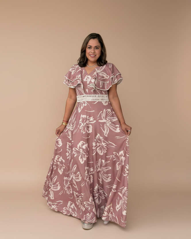 Blush Floral Maxi Dress – Elegant Flowing Dress with Ruffle Sleeves