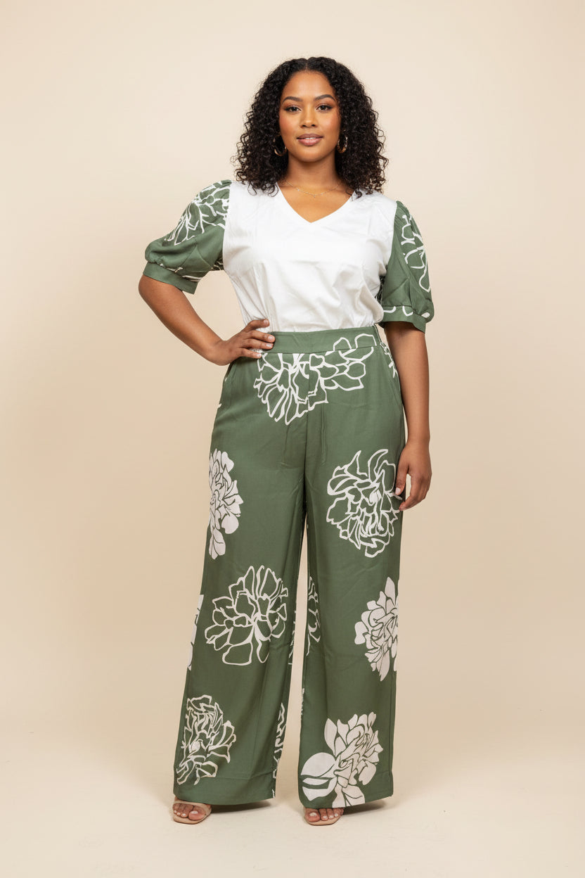 Green Floral Palazzo Set – Wide Leg Pants & Top