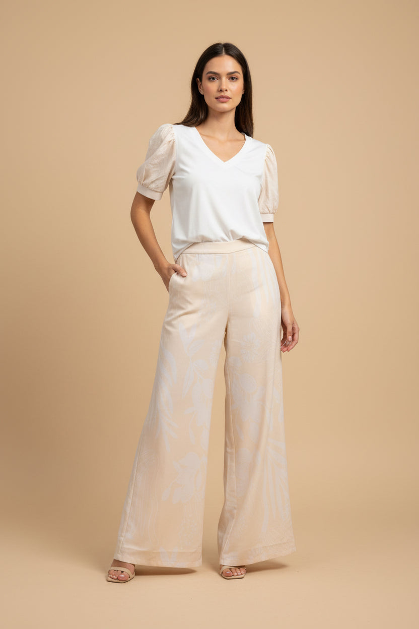 Elegant Linen Wide Leg Pants Set – Puff Sleeve Top & High Waist Pants