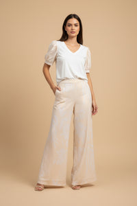 Elegant Linen Wide Leg Pants Set – Puff Sleeve Top & High Waist Pants