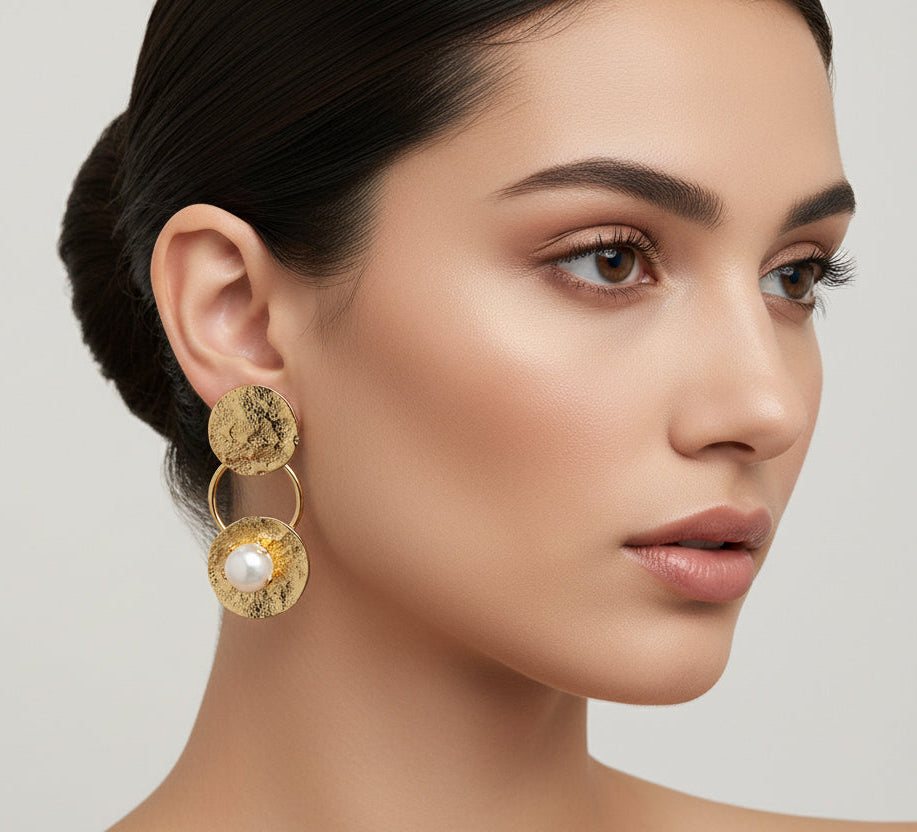 24K Gold Plated Pearl Drop Earrings – Handmade Textured Statement Earrings for Women