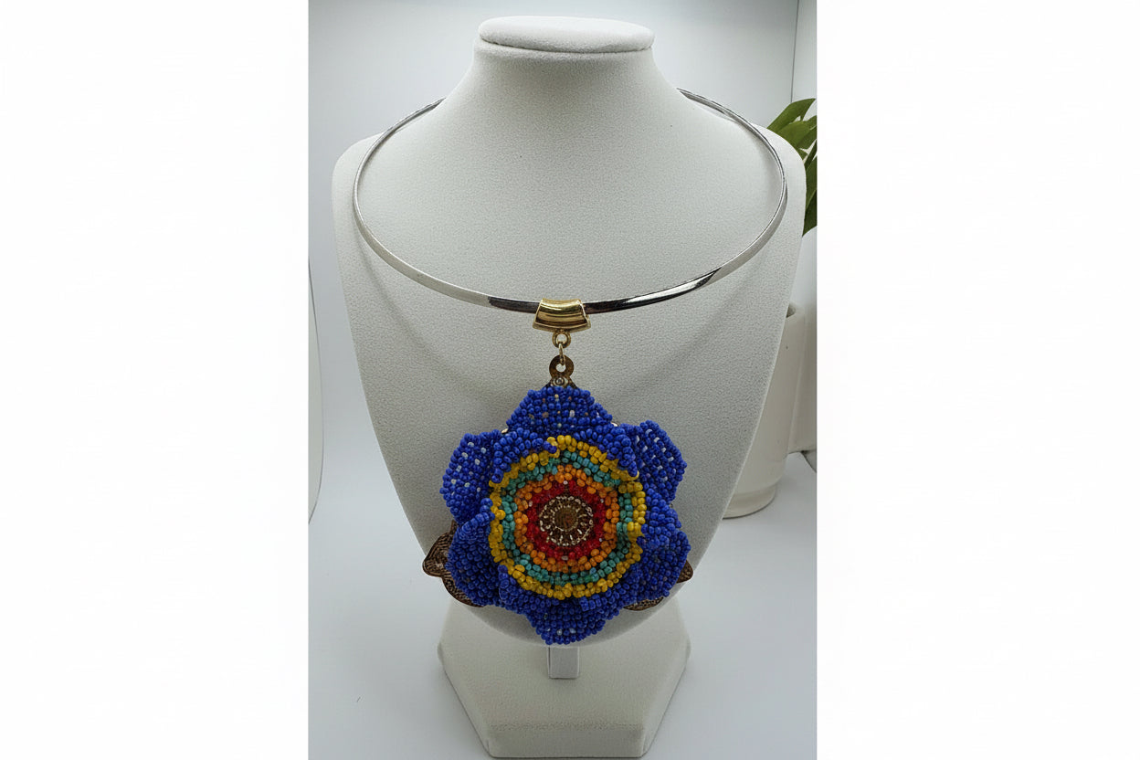 Handmade Beaded Statement Necklace – Colorful Floral Pendant, Bold Unique Jewelry