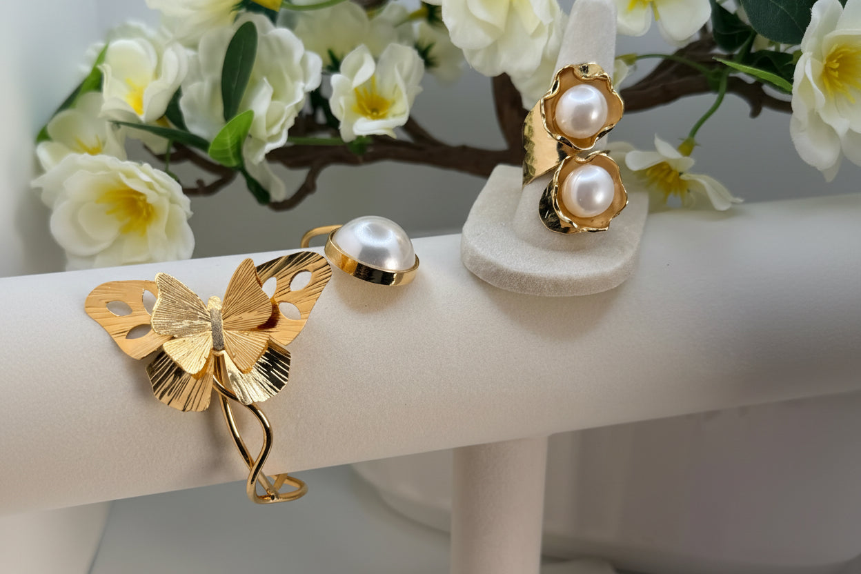 Golden Bloom Bracelet & Pearl Ring Set