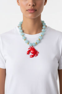 Red Crab Charm Beaded Necklace – Artisan Statement Necklace with Blue Beads