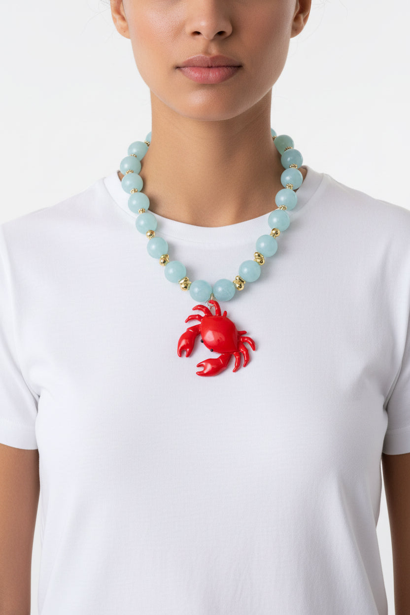 Red Crab Charm Beaded Necklace – Artisan Statement Necklace with Blue Beads