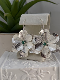 Silver Flower Statement Earrings with Raw Emerald – Handmade Artisan Floral Earrings