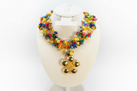 Colorful Beaded Statement Necklace with Floral Pendant – 24K Gold Plated Bronze