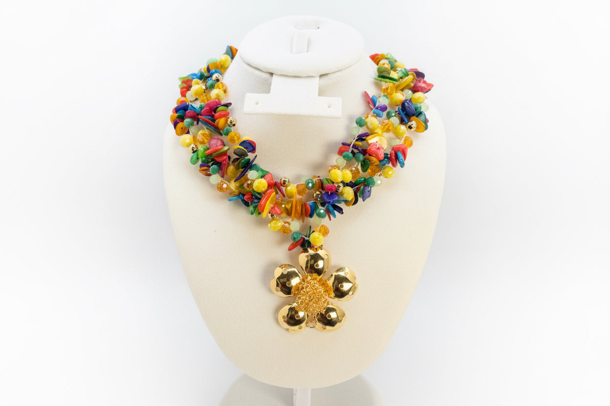Colorful Beaded Statement Necklace with Floral Pendant – 24K Gold Plated Bronze