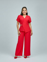 Red Matching Set for Women – Elegant Wrap Top & Wide-Leg Pants Set