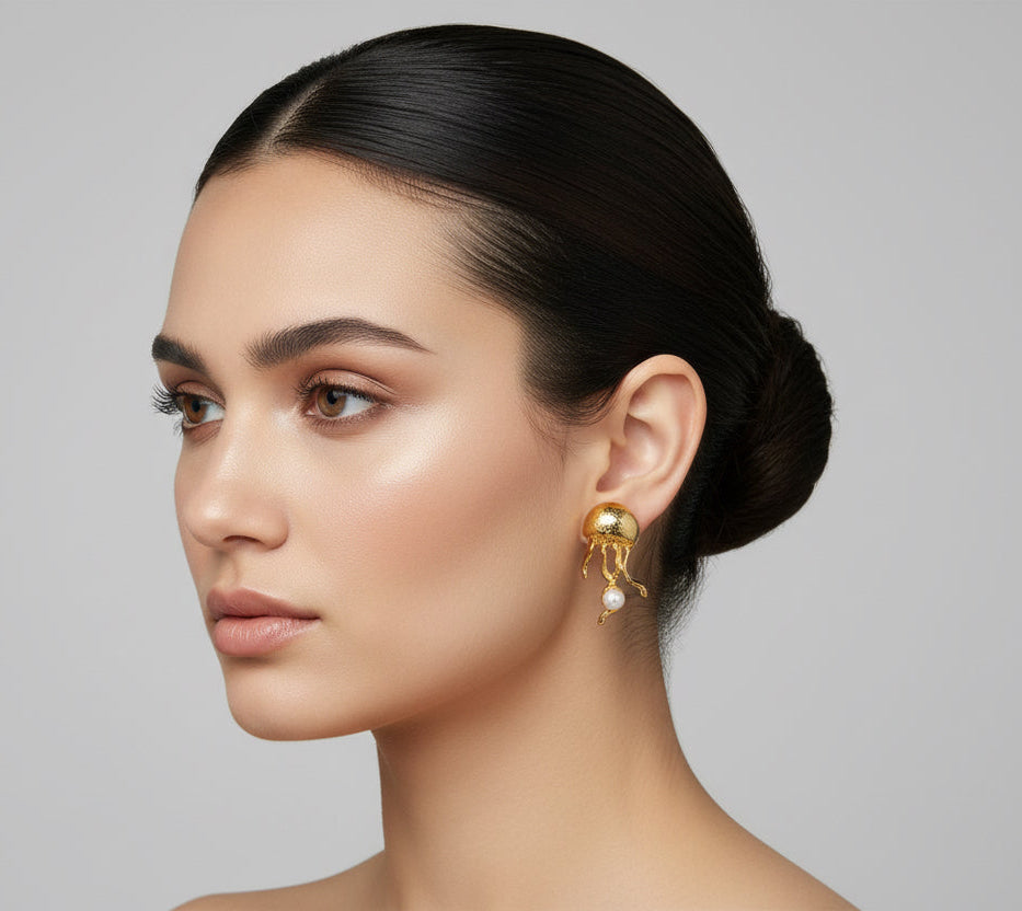 Jellyfish Pearl Earrings – 24K Gold Plated Bronze Handmade