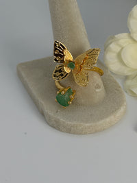 Handcrafted butterfly jewelry set in 24K gold plated bronze
Featuring natural raw emerald stones.
Elegant, delicate, and one of a kind.