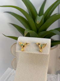 Gold Hummingbird Earrings with Raw Emerald – 24K Gold Plated Handmade Artisan Earrings