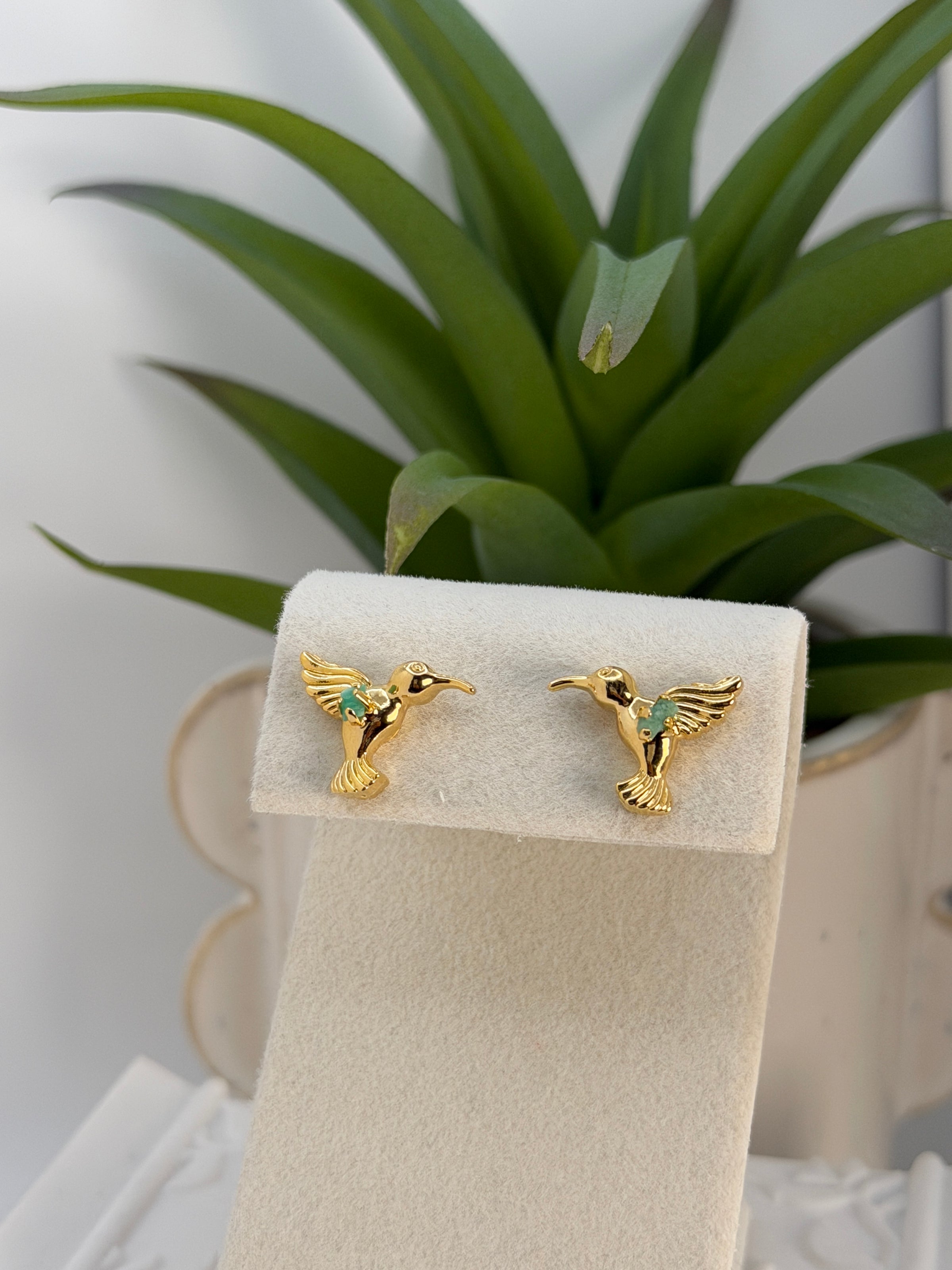 Gold Hummingbird Earrings with Raw Emerald – 24K Gold Plated Handmade Artisan Earrings